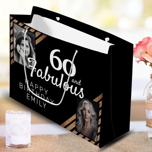 60 and Fabulous Gold Glitter 2 Photo 60th Birthday Large Gift Bag