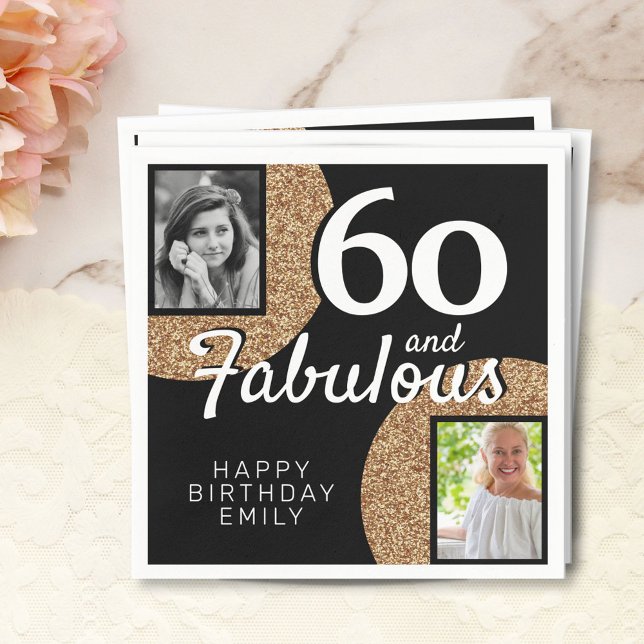 60 and Fabulous Gold Glitter 2 Photo 60th Birthday Napkins (Creator Uploaded)