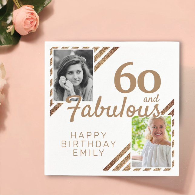 60 and Fabulous Gold Glitter 2 Photo 60th Birthday Napkins (Creator Uploaded)