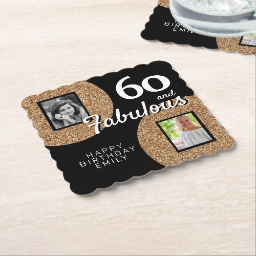 60 and Fabulous Gold Glitter 2 Photo 60th Birthday Paper Coaster