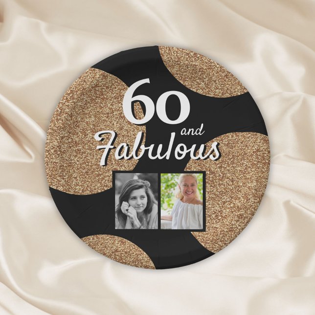 60 and Fabulous Gold Glitter 2 Photo 60th Birthday Paper Plates (Creator Uploaded)