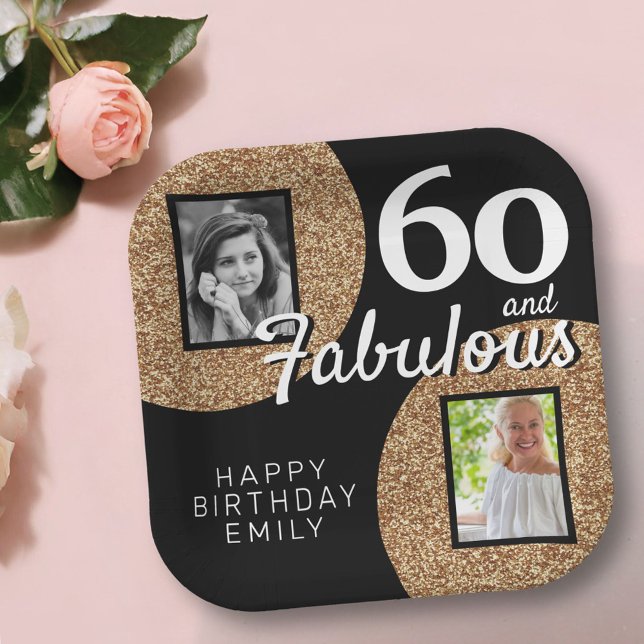 60 and Fabulous Gold Glitter 2 Photo 60th Birthday Paper Plates (Creator Uploaded)