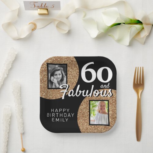 60 and Fabulous Gold Glitter 2 Photo 60th Birthday Paper Plates