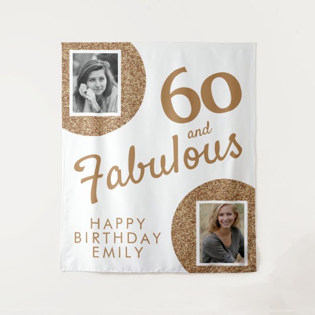 60 and Fabulous Gold Glitter 2 Photo 60th Birthday Tapestry (Front)