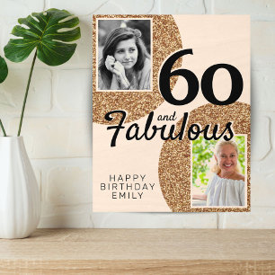 60 and Fabulous Gold Glitter 2 Photo 60th Birthday Wood Photo Tile