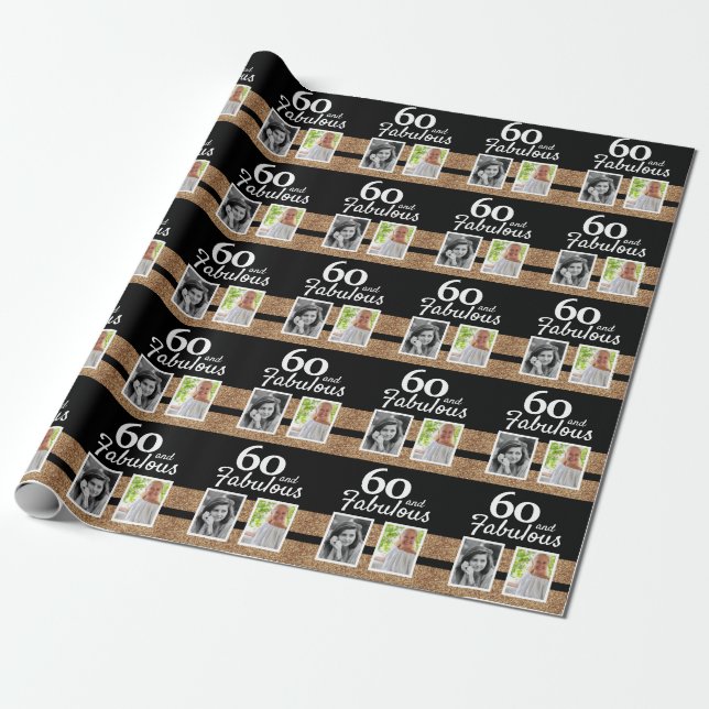 60 and Fabulous Gold Glitter 2 Photo 60th Birthday Wrapping Paper (Unrolled)