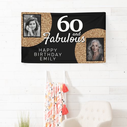 60 and Fabulous Gold Glitter 2 Photo Birthday Banner