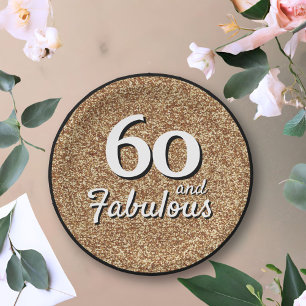60 and Fabulous Gold Glitter 60th Birthday Paper Plates