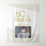 60 and Fabulous Gold Glitter 60th Birthday Photo Tapestry<br><div class="desc">60 and Fabulous Gold Glitter Photo 60th Birthday Photo Backdrop Tapestry. Modern birthday backdrop with trendy typography and faux gold glitter dots. The design has a custom photo and name. Make personalized 60th birthday tapestry for her.</div>