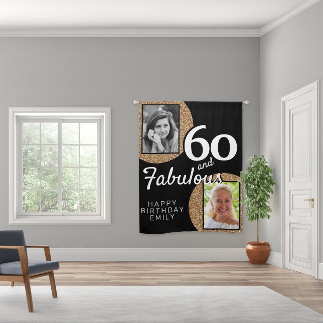 60 and Fabulous Gold Glitter Photo 60th Birthday Blackout Curtains (Wide)