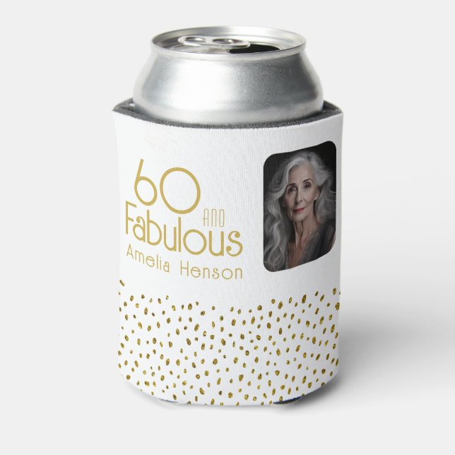 60 and Fabulous Gold Glitter Photo 60th Birthday Can Cooler (Can Back)