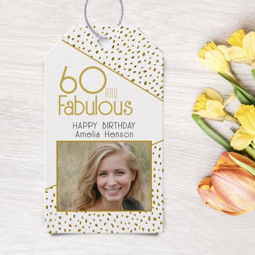 60 and Fabulous Gold Glitter Photo 60th Birthday  Gift Tags