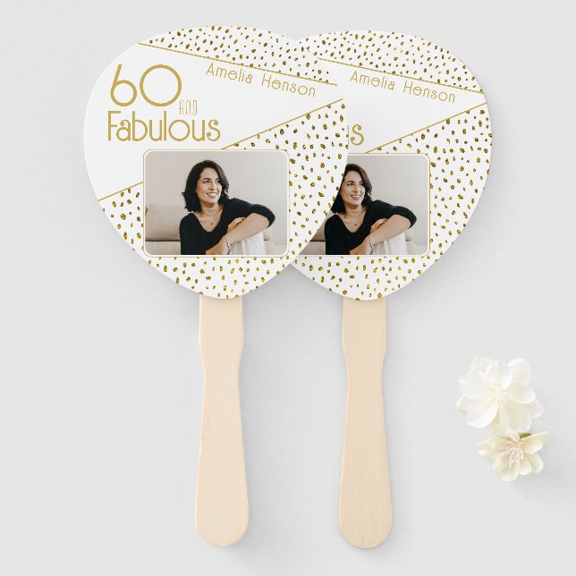 60 and Fabulous Gold Glitter Photo 60th Birthday  Hand Fan (Front and Back)