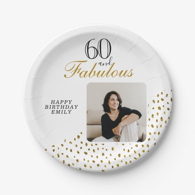 60 and Fabulous Gold Glitter Photo 60th Birthday Paper Plates (Front)