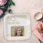 60 and Fabulous Gold Glitter Photo 60th Birthday Paper Plates<br><div class="desc">60 and Fabulous Gold Glitter Photo 60th Birthday Party Paper Plates. Modern design with trendy typography and faux gold glitter spots. The design has a custom photo and name. Make personalized 60th birthday party paper plates for her.</div>