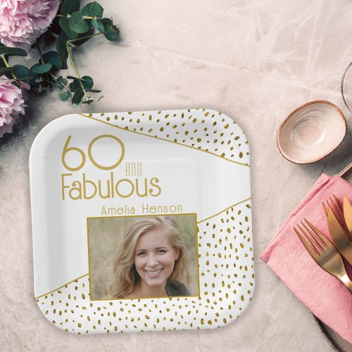 60 and Fabulous Gold Glitter Photo 60th Birthday Paper Plates
