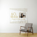 60 and Fabulous Gold Glitter Photo 60th Birthday Tapestry<br><div class="desc">60 and Fabulous Gold Glitter Photo 60th Birthday Party Tapestry Backdrop. Modern birthday backdrop with trendy typography and faux gold glitter spots. The design has a custom photo and name. On the backside is faux gold glitter pattern. Make personalized 60th birthday party banner for her.</div>