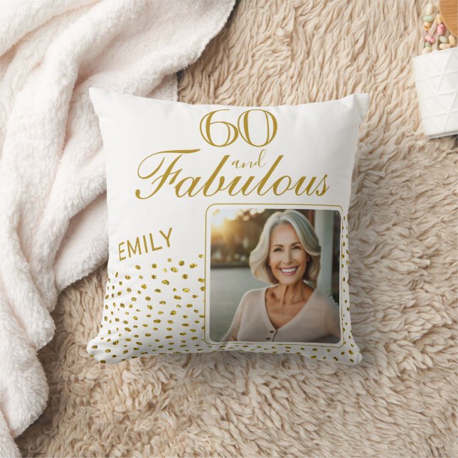 60 and Fabulous Gold Glitter Photo 60th Birthday Throw Pillow (Blanket)