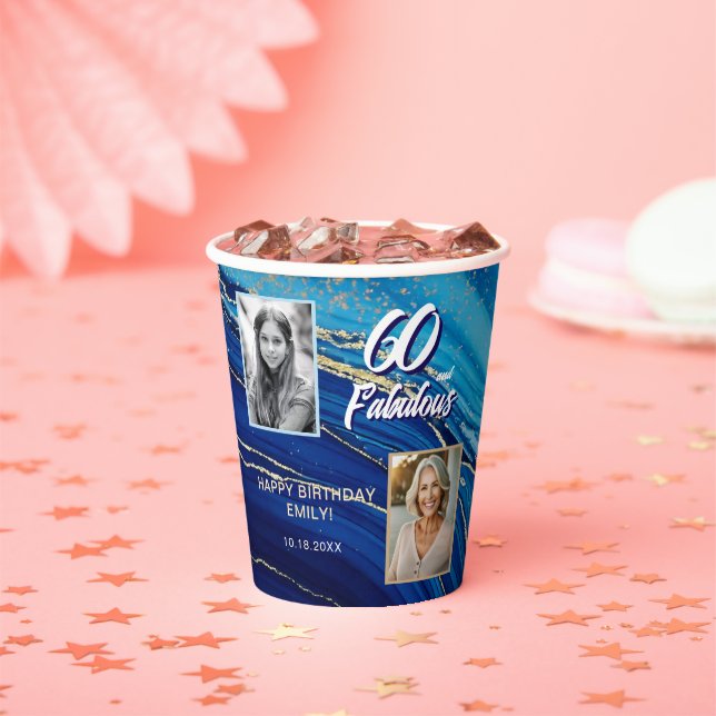 60 and Fabulous Marble Glitter 2 Photo Birthday Paper Cups (Insitu)