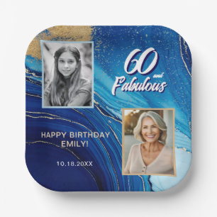 60 and Fabulous Marble Glitter 2 Photo Birthday Paper Plates