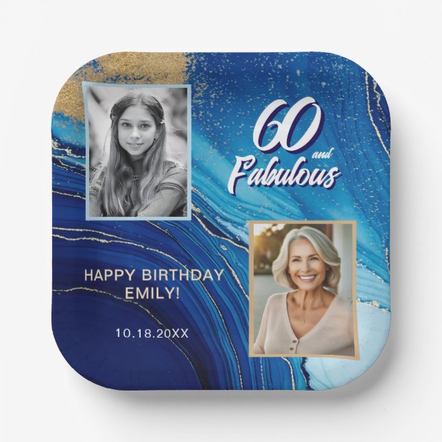 60 and Fabulous Marble Glitter 2 Photo Birthday Paper Plates (Front)