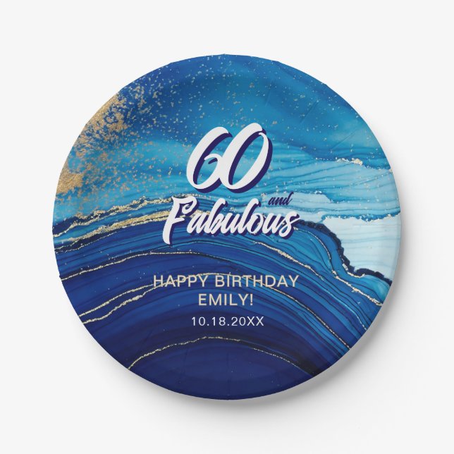 60 and Fabulous Marble Glitter Birthday Paper Plates (Front)