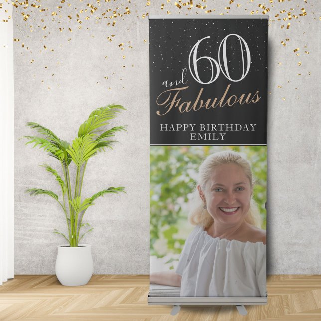 60 and Fabulous Modern Black 60th Birthday Photo  Retractable Banner (Creator Uploaded)