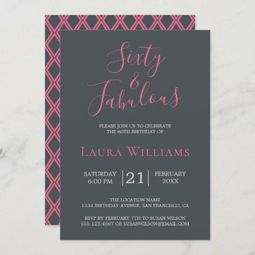 60 and Fabulous Pink Black 60th Birthday Party Invitation