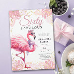 60 and Fabulous Pink Flamingo Funny 60th Birthday Invitation<br><div class="desc">Need 60th birthday ideas for women? A brilliantly bright, funny and cute pink flamingo with bling around her ankles, a tiara and a fabulous purple scarf around its neck is a... fabulous way to announce a 60th birthday invitation for a... fabulous woman who is turning sixty! Fluffy feathers painted in...</div>