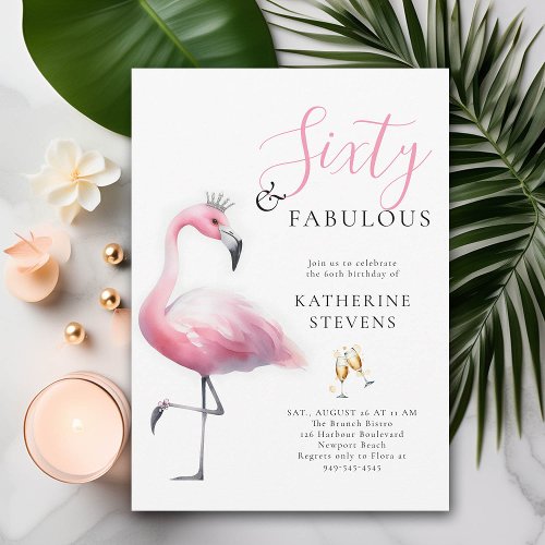 60 and Fabulous Pink Flamingo Tiara 60th Birthday Invitation