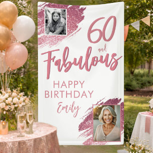 60 and Fabulous Pink Glitter 2 Photo 60th Birthday Banner
