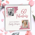 60 and Fabulous Pink Glitter 2 Photo 60th Birthday Napkins<br><div class="desc">60 and Fabulous Pink Glitter 2 Photo Surprise 60th Birthday Party Napkins. Throw a stunning celebration with these “60 and Fabulous” pink glitter birthday napkins. Featuring sparkly faux-glitter brush strokes, and space for two personal photos, this elegant design is perfect for honoring a fabulous woman’s milestone birthday. Fully customizable to...</div>