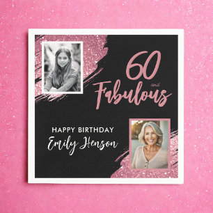 60 and Fabulous Pink Glitter 2 Photo 60th Birthday Napkins