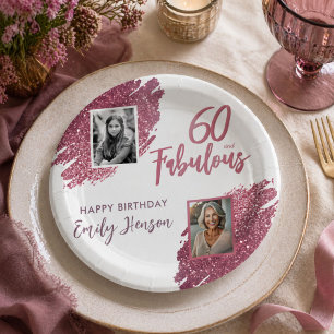 60 and Fabulous Pink Glitter 2 Photo 60th Birthday Paper Plates