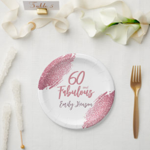 60 and Fabulous Pink Glitter 60th Birthday Paper Plates