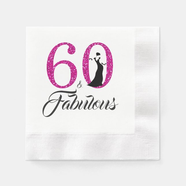 60 and Fabulous Pink Glitter 60th Birthday Party Napkins (Front)