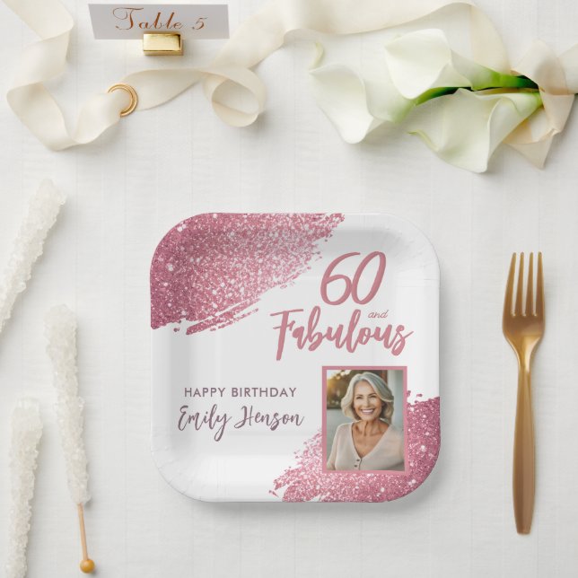 60 and Fabulous Pink Glitter Photo 60th Birthday Paper Plates (Wedding)