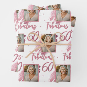 60 and Fabulous Pink Glitter Photo 60th Birthday Wrapping Paper Sheets