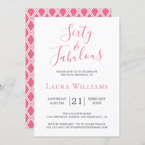 60 and Fabulous Pink White 60th Birthday Party Invitation