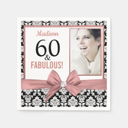 60 and Fabulous Rose gold bow damask 60th Birthday Napkins