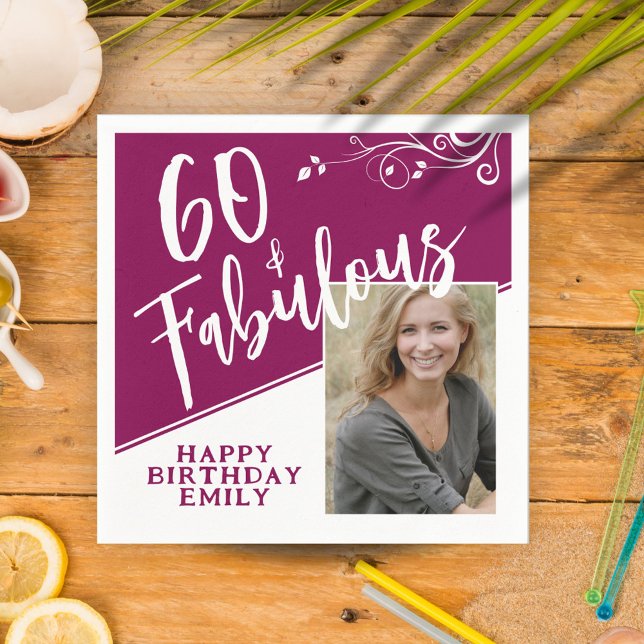 60 and Fabulous Script Photo Magenta 60th Birthday Napkins (Creator Uploaded)