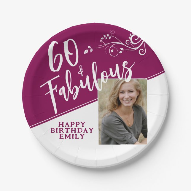 60 and Fabulous Script Photo Magenta 60th Birthday Paper Plates (Front)