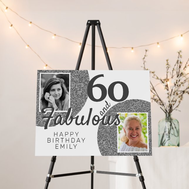 60 and Fabulous Silver Glitter 2 Photo Birthday  Foam Board (In Situ (Stand))