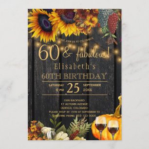 60 and fabulous years rustic floral fall birthday invitation