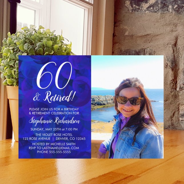 60 and Retired Blue Photo Birthday Retirement Invitation (Creator Uploaded)