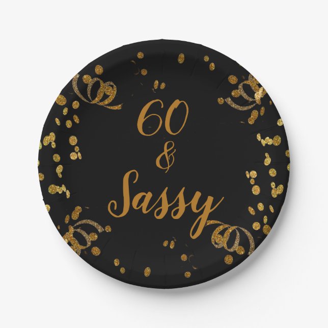 60 and Sassy 60th Birthday Black | Faux Gold Paper Plates (Front)
