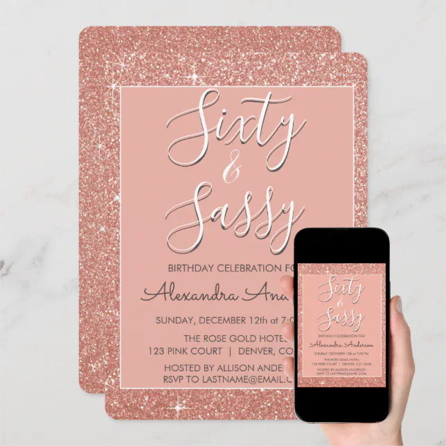 60 And Sassy Birthday Rose Gold Blush Pink Glitter Invitation Zazzle