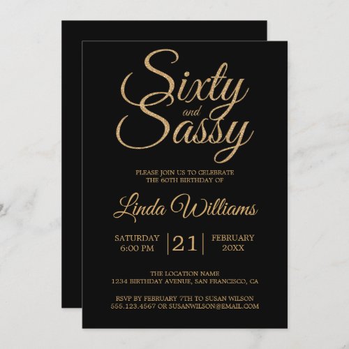 60 and Sassy Black Gold 60th Birthday Party Invitation