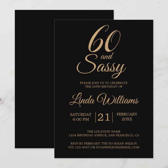 60 and Sassy Black Gold 60th Birthday Party Invitation (Front/Back)