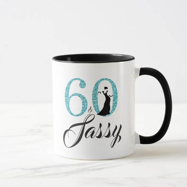 60 and Sassy Blue Glitter 60th Birthday Mug (Right)